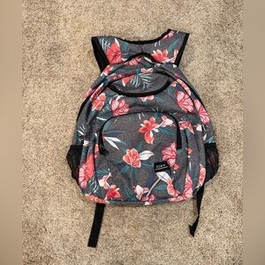 Roxy Gray Backpack with Pink Floral Pattern